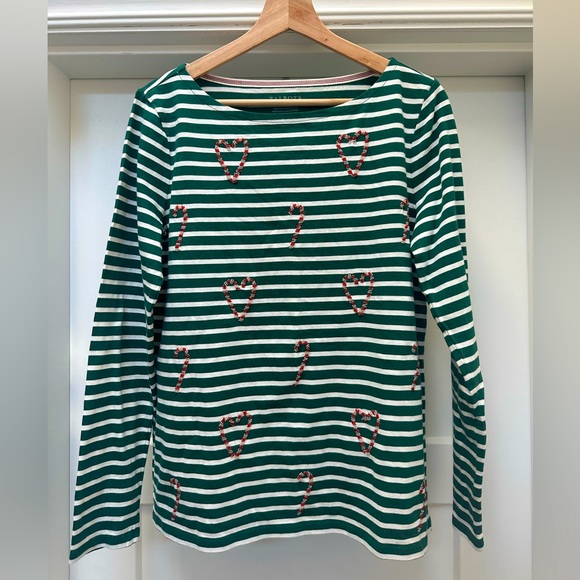 Talbots Tops - EUC - Green striped Holiday long sleeve top with beading. - Medium